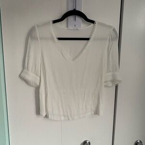 Elodie Cream V-Neck Lace-Trim Short Sleeve Blouse